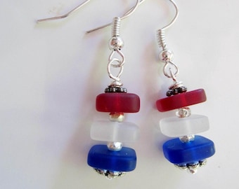 Sea Glass Earrings, Red White Blue Earrings, Patriotic Earrings, Bestseller, 4th of July, Silver, Patriotic Jewelry Set, Redpeonycreations