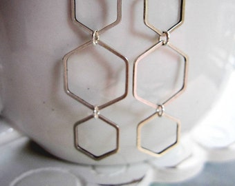 Silver Hexagon Earrings, Honeycomb Earrings, Geometric Jewelry, Minimalist Earrings, Long, Redpeonycreations