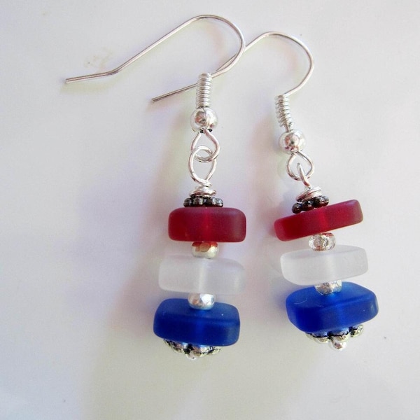 Sea Glass Earrings, Red White Blue Earrings, Patriotic Earrings, Bestseller, 4th of July, Silver, Patriotic Jewelry Set, Redpeonycreations