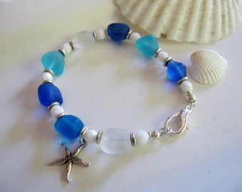 Blue Sea Glass Bracelet, Chunky Glass, Beach Jewelry, Starfish Bracelet, Redpeonycreations