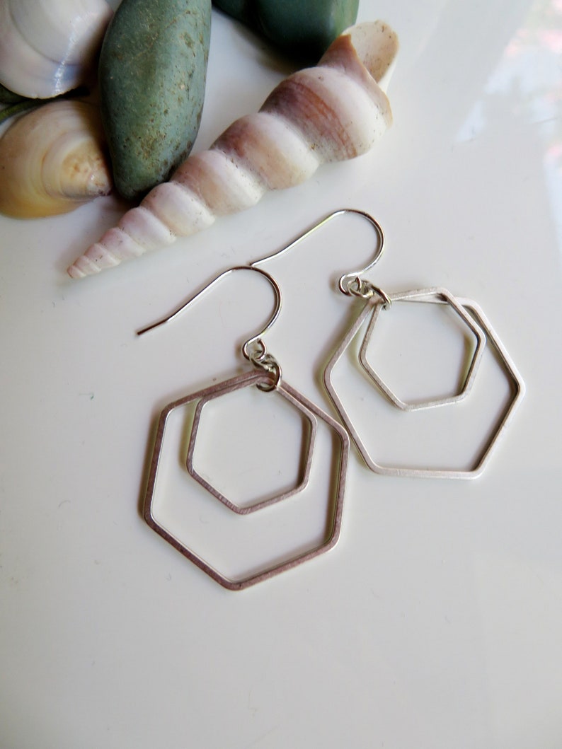Silver Hexagon Earrings, Minimalist Geometric Dangle Drops, Redpeonycreations image 1