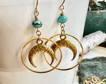 Textured Crescent Moon Circle Earrings, Bohemian Brass Jewelry, Turquoise, Redpeonycreations