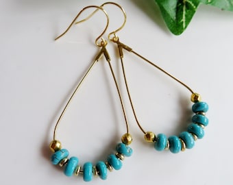 Brass Teardrop Earrings, Turquoise Beads, Bohemian Earrings, Redpeonycreations