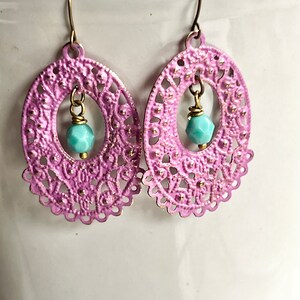 Fancy Pink Filigree Earrings, Morrocan Statement Earrings, Bohemian Style, Redpeonycreations image 2