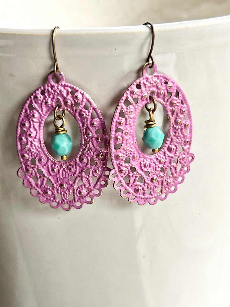 Fancy Pink Filigree Earrings, Morrocan Statement Earrings, Bohemian Style, Redpeonycreations image 2