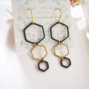 Minimalist Brass Hexagon Earrings, Geometric, Black Hexagon, Modern, Long Earrings, Redpeonycreations