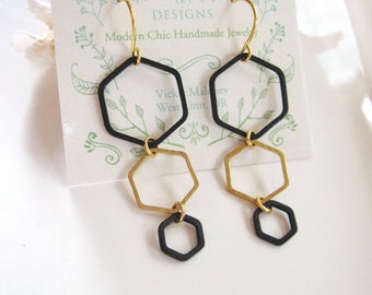 Brass Hexagon Earrings, Geometric, Black Hexagon, Modern, Long Earrings, Redpeonycreations