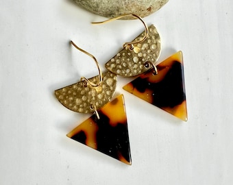 Brass and Tortoise Shell Triangle Earrings, Acetate Modern Geometric Earrings, Redpeonycreations