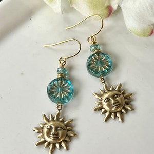 Brass Sun Earrings, Blue Czech Flower Connector, Botanical Boho Style, Redpeonycreations image 7