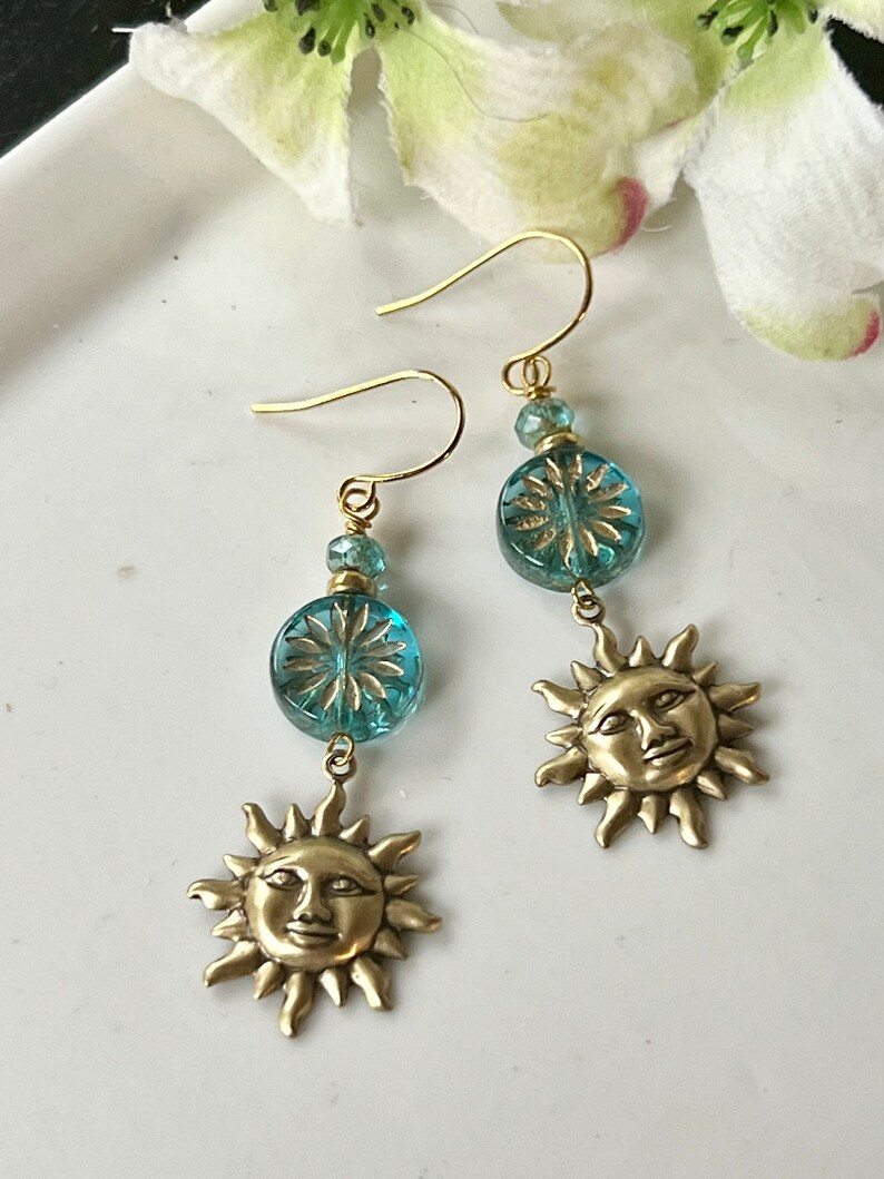 Brass Sun Earrings, Blue Czech Flower Connector, Botanical Boho Style, Redpeonycreations image 7