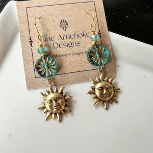 Brass Sun Earrings, Blue Czech Flower Connector, Botanical Boho Style, Redpeonycreations image 1