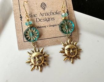 Brass Sun Earrings, Blue Czech Flower Connector, Botanical Boho Style, Redpeonycreations