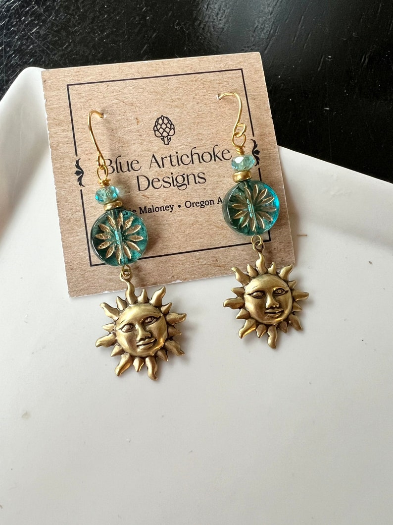 Brass Sun Earrings, Blue Czech Flower Connector, Botanical Boho Style, Redpeonycreations image 1