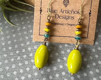 Chartreuse Beaded Dangle Earrings, Bohemian Colorful Earrings, Redpeonycreations