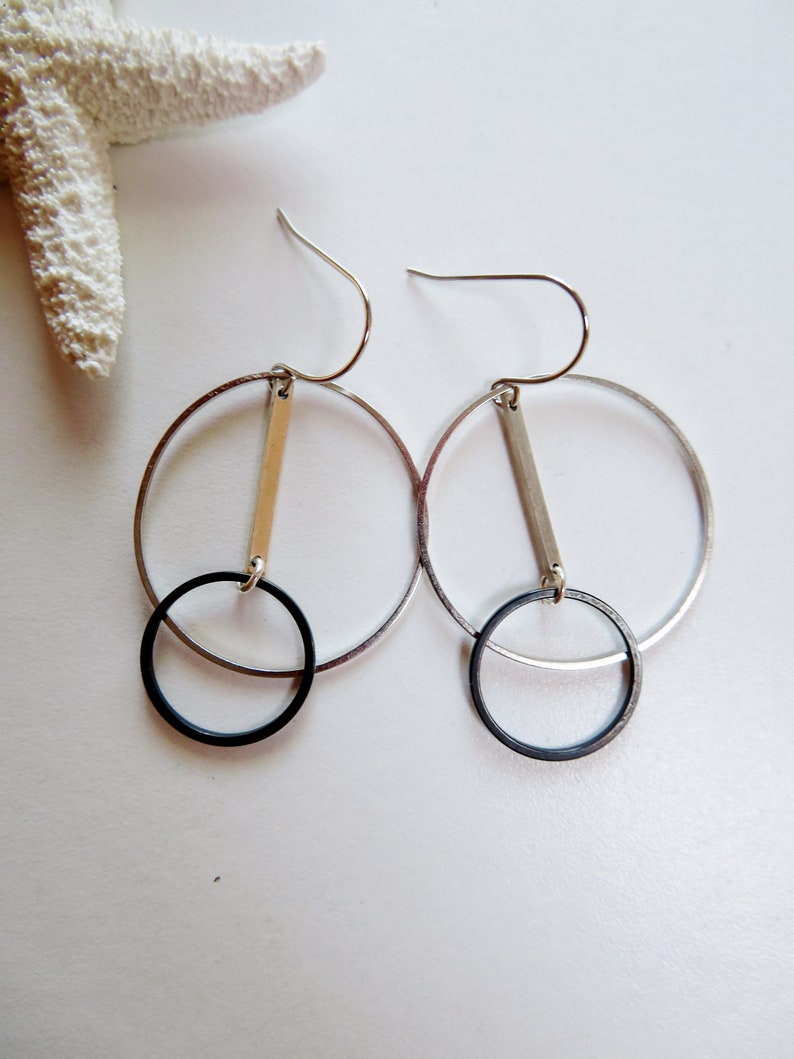 Modern Silver and Black Circle Earrings Minimalist Double Circle Earrings Redpeonycreations