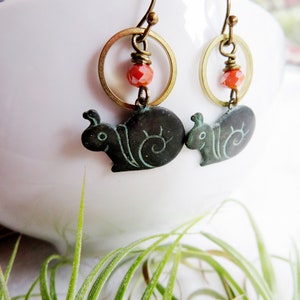 Cute Snail Earrings, Brass Circle, Green Patina, Garden Earrings, Redpeonycreations image 7