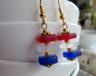 Sea Glass Earrings, Red White Blue, Patriotic Jewelry, Bestseller, 4th of July, Redpeonycreations