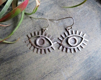 Silver Eye Earrings, Bohemian Style, Lightweight Evil Eye Dangles, Big Eye Jewelry