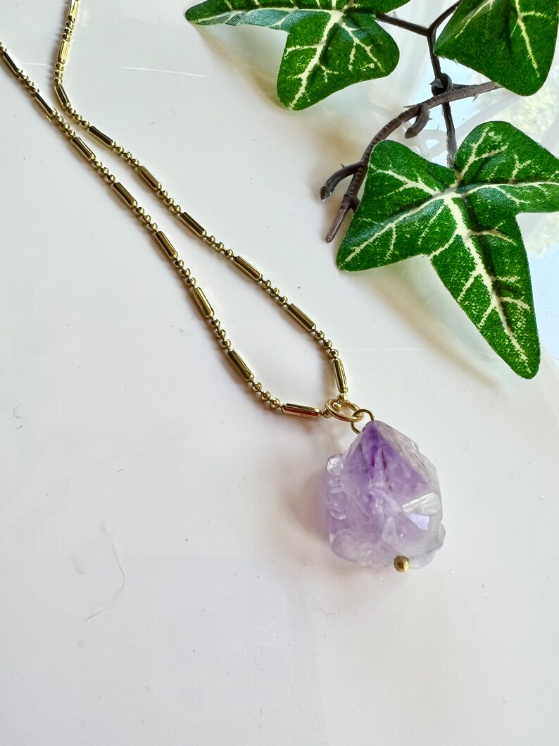Amethysts Pendant Necklace, Purple Gemstone, Girlfriend Gift, Gold Stick Ball Chain, Modern Necklace, image 3