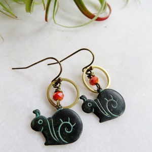 Cute Snail Earrings, Brass Circle, Green Patina, Garden Earrings, Redpeonycreations image 5