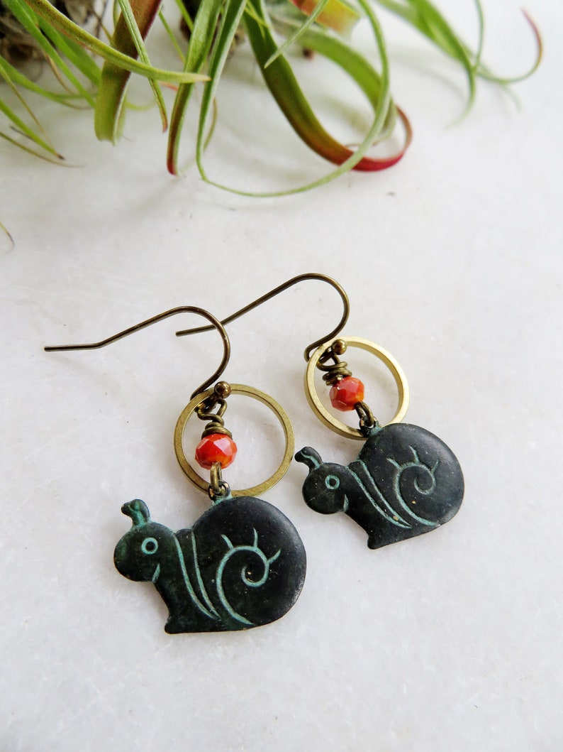 Cute Snail Earrings, Brass Circle, Green Patina, Garden Earrings, Redpeonycreations image 5