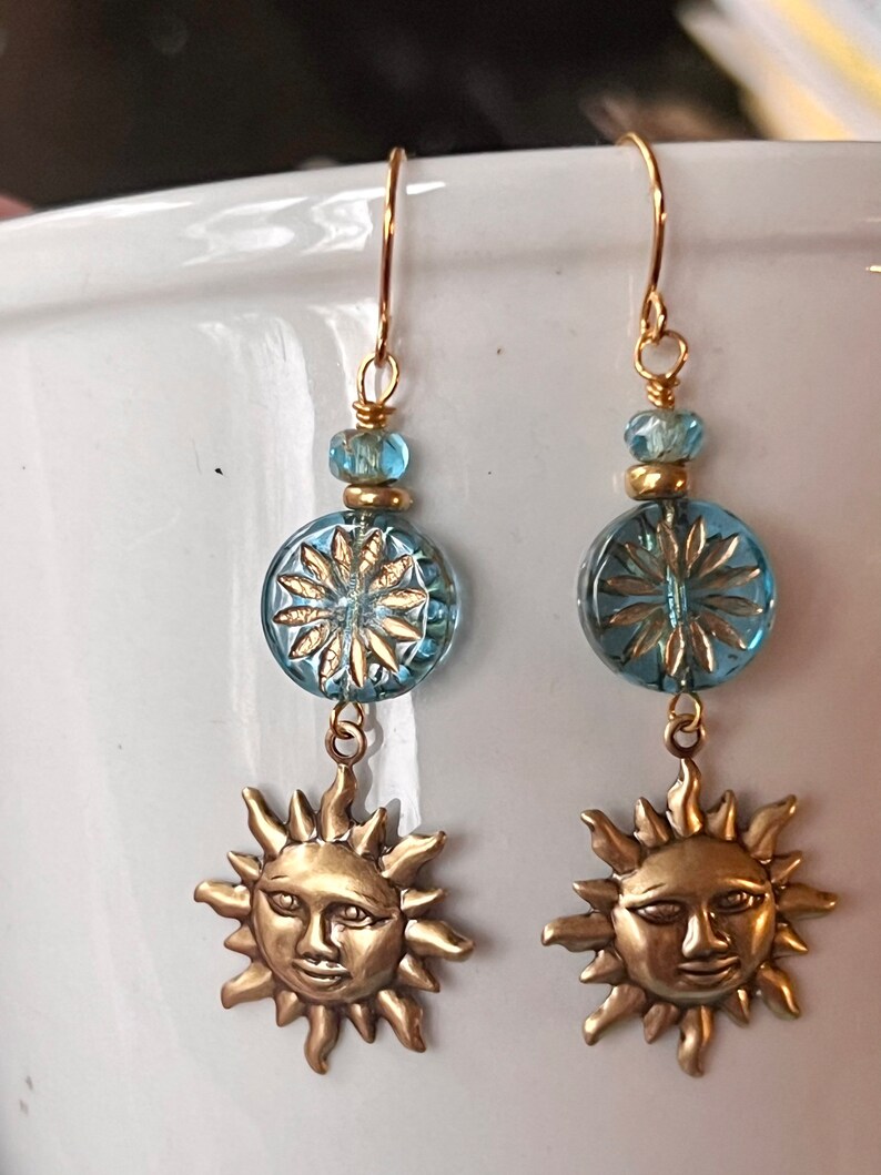 Brass Sun Earrings, Blue Czech Flower Connector, Botanical Boho Style, Redpeonycreations image 3
