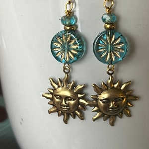 Brass Sun Earrings, Blue Czech Flower Connector, Botanical Boho Style, Redpeonycreations image 2