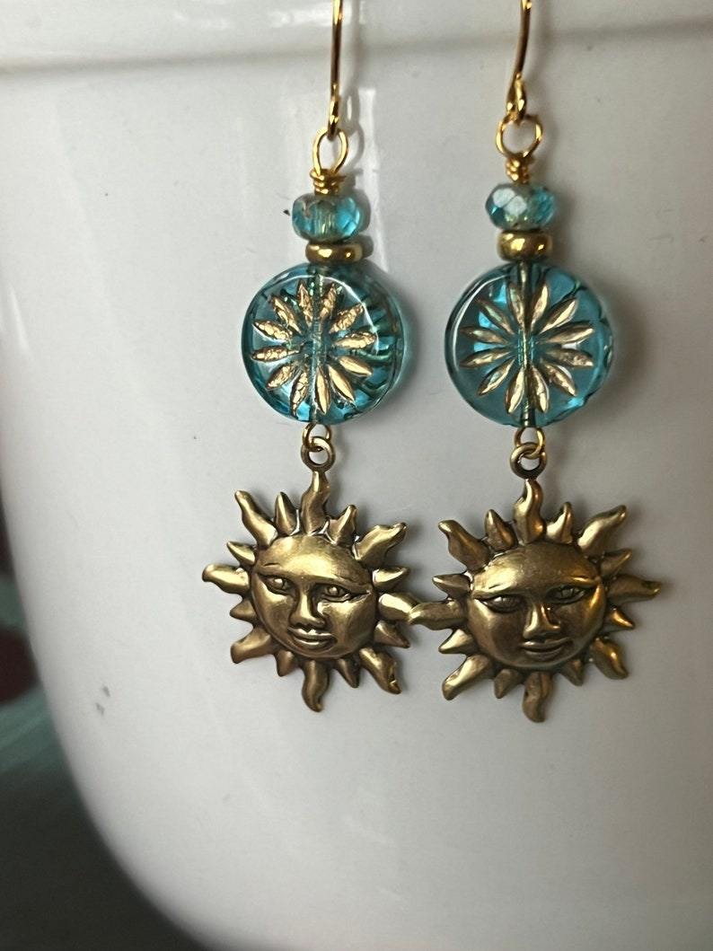 Brass Sun Earrings, Blue Czech Flower Connector, Botanical Boho Style, Redpeonycreations image 2