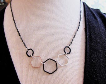 Silver and Black Hexagon Necklace, Geometric Necklace, Women's Gift, Redpeonycreations