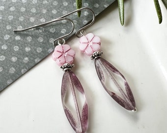 Pink Flower Earrings, Stainless Steel Earwires, Valentines Day Gift for Her, Boho Style, Redpeonycreations