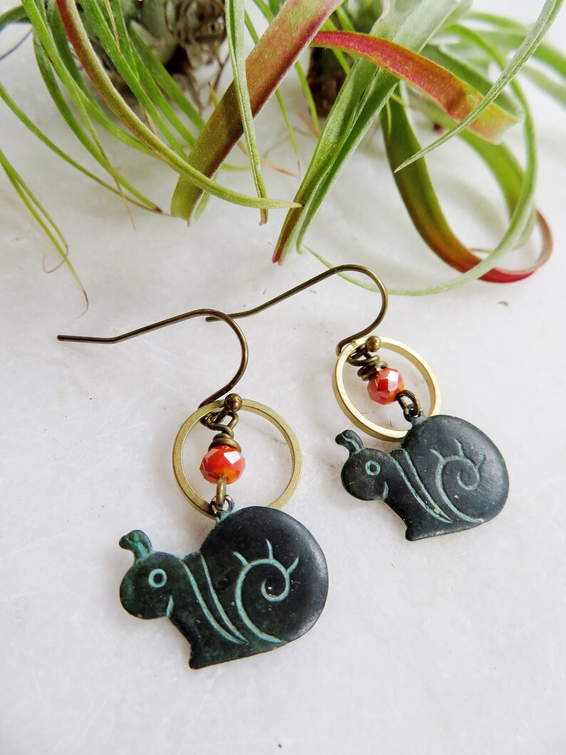 Cute Snail Earrings, Brass Circle, Green Patina, Garden Earrings, Redpeonycreations image 2