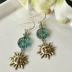 Brass Sun Earrings, Blue Czech Flower Connector, Botanical Boho Style, Redpeonycreations image 6