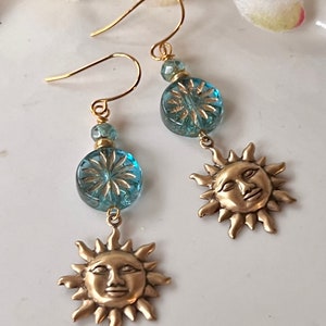 Brass Sun Earrings, Blue Czech Flower Connector, Botanical Boho Style, Redpeonycreations image 5