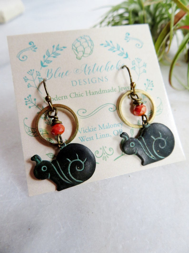 Cute Snail Earrings, Brass Circle, Green Patina, Garden Earrings, Redpeonycreations image 4