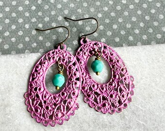 Fancy Pink Filigree Earrings, Morrocan Statement Earrings, Bohemian Style, Redpeonycreations