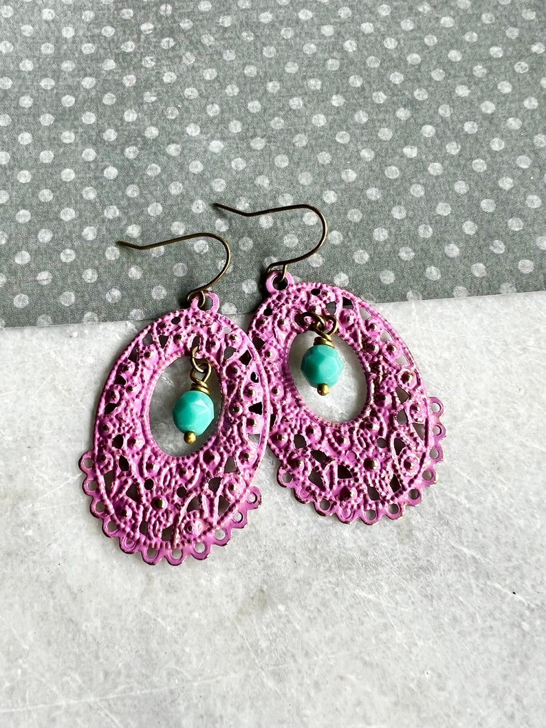 Fancy Pink Filigree Earrings, Morrocan Statement Earrings, Bohemian Style, Redpeonycreations image 1