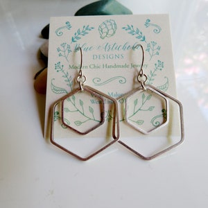 Silver Hexagon Earrings, Minimalist Geometric Dangle Drops, Redpeonycreations image 2