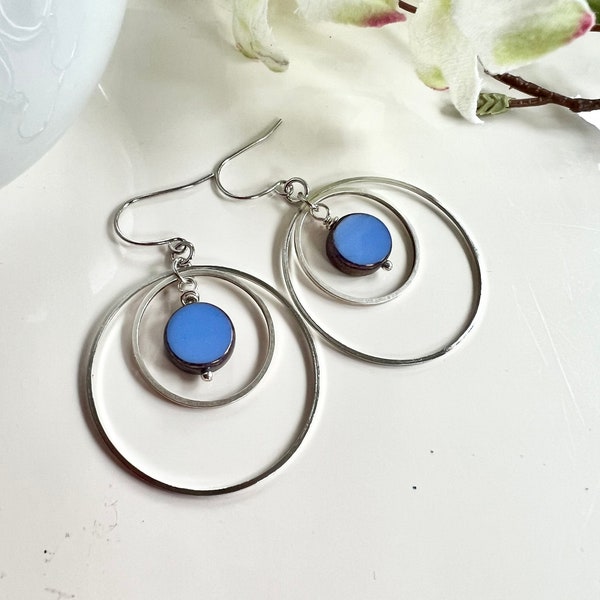 Silver Orbit Earrings, Blue, Geometric Earrings, Redpeonycreations