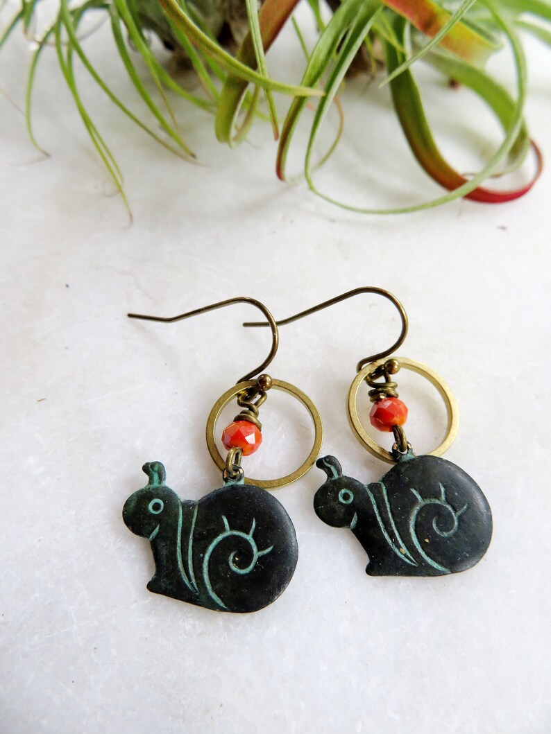 Cute Snail Earrings, Brass Circle, Green Patina, Garden Earrings, Redpeonycreations image 6