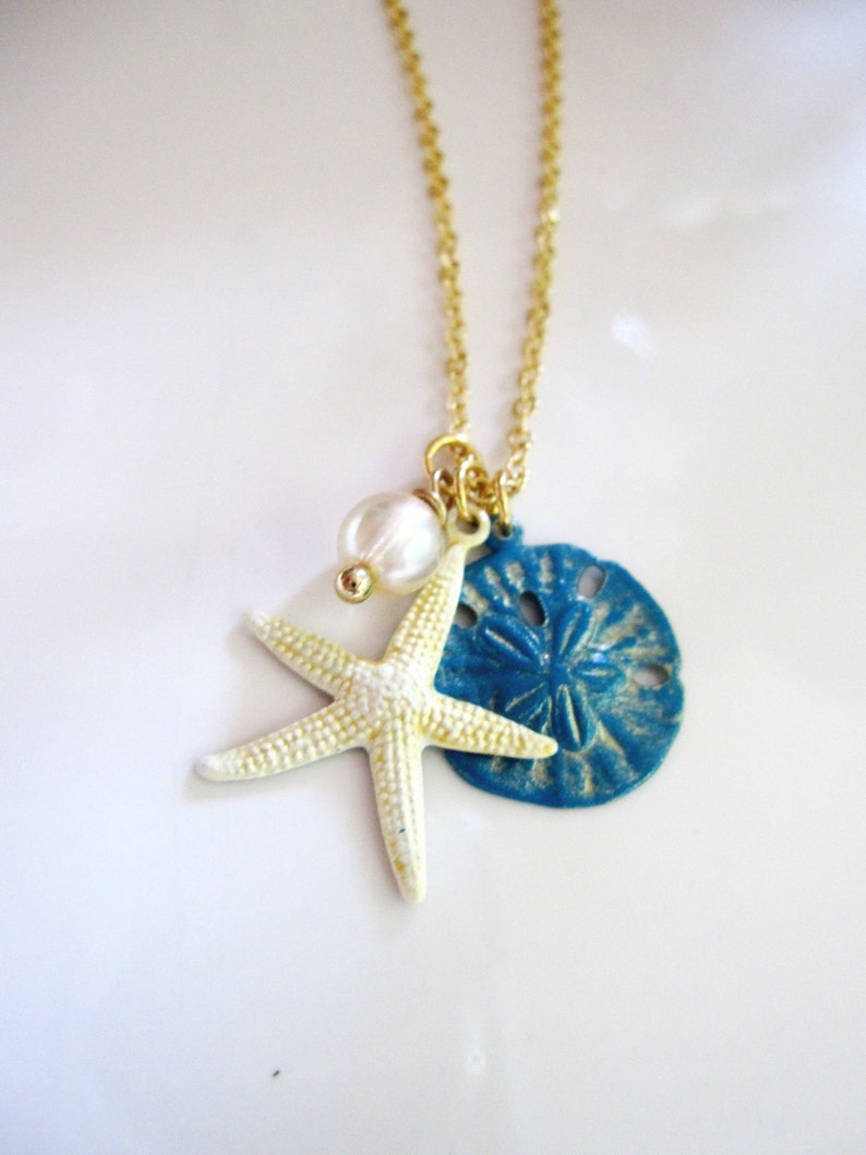 Sand Dollar Necklace Starfish Necklace Beach Jewelry Gold Chain Blue Shell White Starfish Redpeonycreations