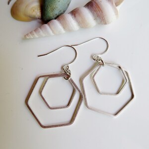 Silver Hexagon Earrings, Minimalist Geometric Dangle Drops, Redpeonycreations image 3