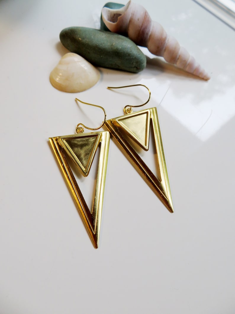 Brass Double Triangle Earrings Art Deco Earrings Pyramid Etsy