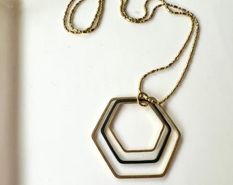 Gold and Black Geometric Necklace, Brass Hexagon, Geometric Jewelry, Long Necklace, Redpeonycreations