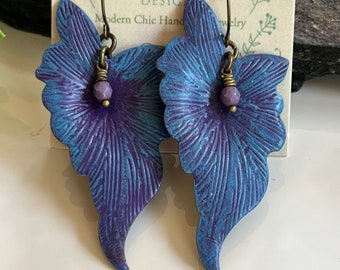 Unique Blue Purple Earrings, Brass Leaf, Statement Earrings, Large Botanical Earrings