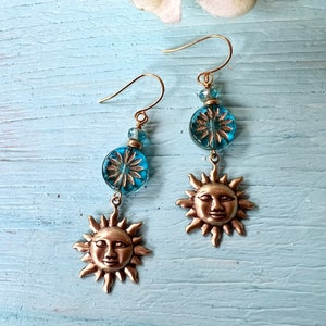 Brass Sun Earrings, Blue Czech Flower Connector, Botanical Boho Style, Redpeonycreations image 4
