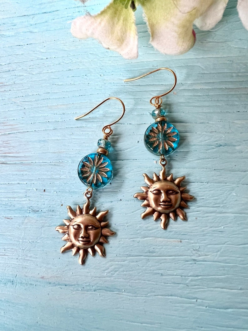 Brass Sun Earrings, Blue Czech Flower Connector, Botanical Boho Style, Redpeonycreations image 4