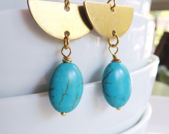 Brass Half Circle Earrings, Turquoise Oval, Geometric Earrings, Redpeonycreations