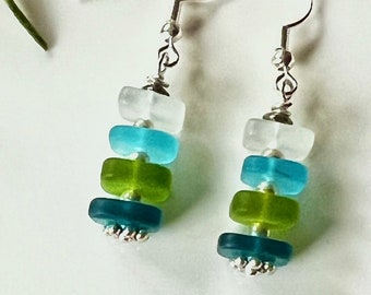 Sea Glass Earrings, Blue, Turquoise, Green Squares, Spring Beach Jewelry, Redpeonycreations