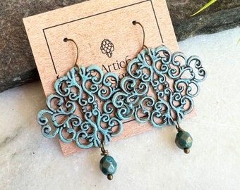 Blue Filigree Earrings, Bohemian, Moroccan Style Earrings, Redpeonycreations