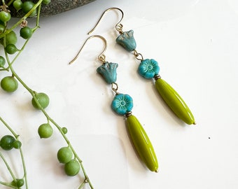 Green Tube Earrings, Turquoise Flower, Nature Style, Floral Garden Jewelry, Redpeonycreations